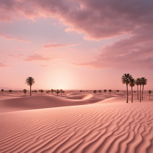An expansive desert at sunset with golden sands shimmering under the sun’s rays a distant mirage of an oasis with palm trees and soft clouds rolling in a pale pink sky.