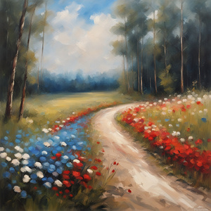 Flower field on the edge of the forest blue red white flowers along the road with wood and small fence oil painting brush with strokes