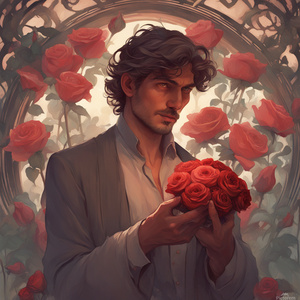 A man in love roses in his hands elegant very detailed digital painting artstation concept art matte sharp focus illustration Artger and Greg Rutkowski Art and Alphonse Mucha mysterious 
