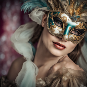 Portrait in close up of a female with a Venetian carnival mask