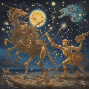 MECHANICAL CREATURES CRAFTING LUMINOUS CONSTELLATIONS IN THE NIGHT SKY WITH ROMANS FIGHTING DINOSAURUS Dali style