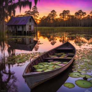  lily pads swamp colorful sunset with purple mixed in Old wooden boat  old cabin with lights on inside cypress trees with Spanish moss