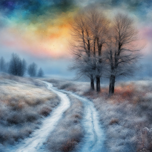 Cold winter evening landscape spectacular detailed special colors the most beautiful picture. Soft diffuse light fantasy van Gogh Alex Gray Jean-Baptiste Mente Sherry Akrami Silent Colors Yossi Kotler Duy Huynh Watercolor