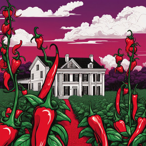 Necropunk style illustration: field of bright colored red chili pepper plants in front of old white plantation house in the distance vivid colors purple black and emerald green foreground of brightly ripe red pepper plants ar16:9 