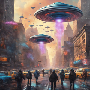 realistic New York City flying saucers aliens people under attack from aliens colorful  Cyberpunk style