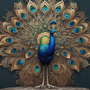A mesmerizing ultra-HD rendering of a majestic peacock adorned with intricate geometric and tribal patterns. The peacocksvibrant feathers showcase a stunning blend of light and dark tones including swirling designs and floral motifs. The peacocks deeply e