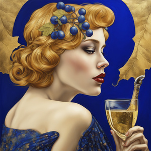 ART DECO STYLE Beautiful photorealistic girl drinking champagne   WINE GRAPE LEAF Gustav Klimt GOLD ROYAL BLUE  Van Gogh style