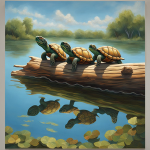 beautiful painter turtles sunning themselves on a log that is floating on the water the skies are blue
