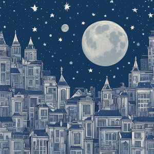 Blue moon silver cloud stars city 
