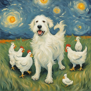 big white dog herding chicks and chickens Van Gogh style