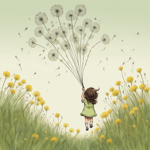 Spanish Little Girl backside showing in a splendor of grass swinging with dandelions in air hanging from a stem of dandelion  Illustration style