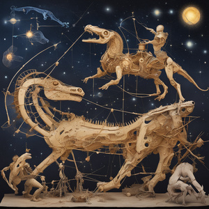 MECHANICAL CREATURES CRAFTING LUMINOUS CONSTELLATIONS IN THE NIGHT SKY WITH ROMANS FIGHTING DINOSAURUS Dali style