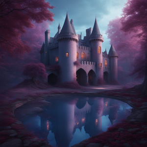 Enchanted castle courtyard surrounded by a pale blue and blood coloured moat with a glowing purple forest image must be very sharp