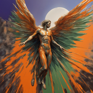 Icarus flighting too close to sun. Colours of orange blueviolet moss green white gold silver wings of wax   Cyberpunk style
