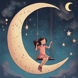 A girl swings on a swing hanging from a crescent moon. The sky is full of stars of various sizes.