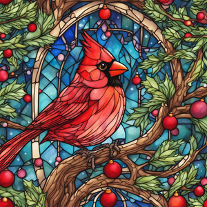 colorful line art highly detailed crisp lines a cute cardinal red bird fantasy creature in a magical Christmas tree great details amazing setting kawaii watercolor stained glass style