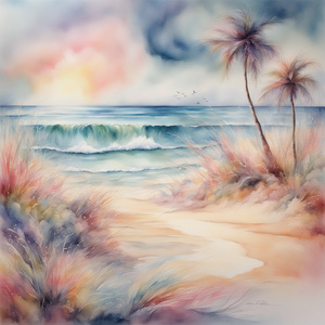 Watercolor Dynamic Dreamy very high definition details impecable lovely Intense  pastel colors surrealism beach