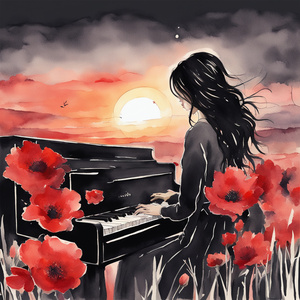 Jene fille cheveux noir pratiquant le piano  sur le bord dans un champ  au coucher du soleil avec des fleurs rouge Watercolor style