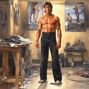 Extremely detail patrick swayze painting standing in the studio of the film factory full-length painting unclad wearing only a very nice pair of boxer briefs and trainers. An full-length painting the patrick swayzes shoes are also fully visible and the pi