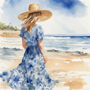 A woman in a blue floral dress and straw hat stands on a beach with waves and clear blue sky in the background. watercolor