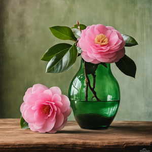 Pink Camellia in green glass vase on wooden table
