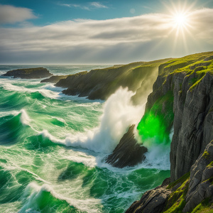 very bright Enchanted ocean scene with huge bright green crashing waves against the sunlit cliff in newfoundland