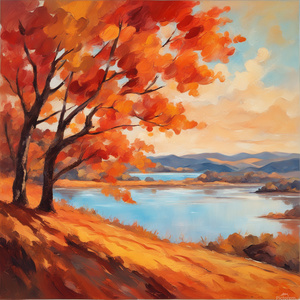 A vibrant landscape rolling hills calm sea under a sunny sky. The fiery leaves of autumn trees are reflected in warm hues in the water below. Impressionism style
