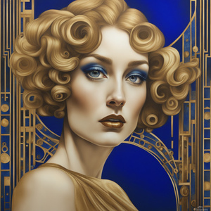 PHOTOREALISTIC LADY ART DECO GUSTAV KLIMT GOLD ROYAL BLUE DALI STYLE Dali style