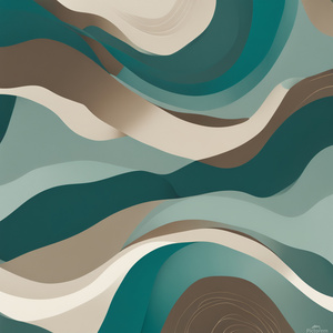 An abstract painting combining the soft sophistication of muted teal and the warm richness of PANTONE 17-1230 Mocha Mousse. Organic flowing shapes interlace with smooth curves and overlapping layers suggesting calm waves or rolling hills. The teal provide