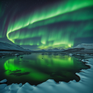 Mystical tundra setting with the northern lights shining over a bay of water that is glowing green from the northern lights