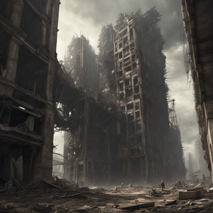 The post apocalyptic landscape is dominated by giant buildings now reduced to ruins. These once towering structures now stand as a haunting reminder of the past. Among the wreckage giant mechanical remnants lie scattered their purpose now lost. The destru