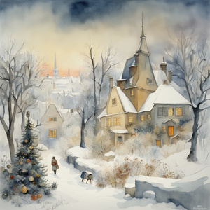 Gorgeous watercolor Christmas Bouquet Arrangement. Fantastic snowy landscape with homes down the street Modern laboratory painting by Picasso and Caspar. David Friedrich and Daniel Merriam