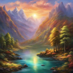 In a fantasy world where the sunset paints the sky with vibrant hues majestic mountains stand tall rivers flow with crystal-clear waters and lush forests teem with life. It is a breathtaking landscape that captivates the imagination and invites exploratio