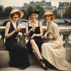 three pretty smiling ladies one blonde one redhead one black sitting on the terrace in Paris 1920 with a glass of white wine on the edge of the Seine