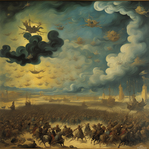 Battle of Karbala With a sky designed by Van Gogh a background designed by Dali and characters designed by Rembrandt