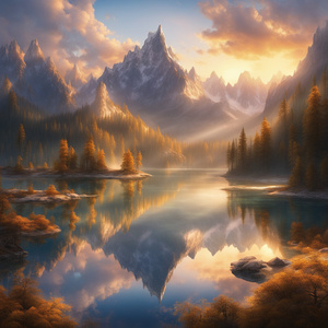 The fantasy world is adorned with majestic mountains that reach towards the sky their peaks piercing the clouds. Nestled within this picturesque landscape is a serene lake its crystal-clear waters mirroring the surrounding beauty. As the sun rises its gol