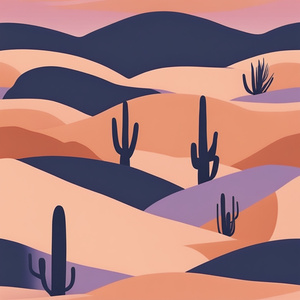 Create a tranquil desert landscape featuring rolling sand dunes a glowing sunset and minimal cactus silhouettes. Use a gradient color palette of warm terracotta soft peach and pale lavender blending into a deep twilight blue sky. The design should evoke s