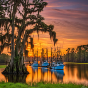 shrimp boats bayou cypress trees with moss sunset colorful wildlife