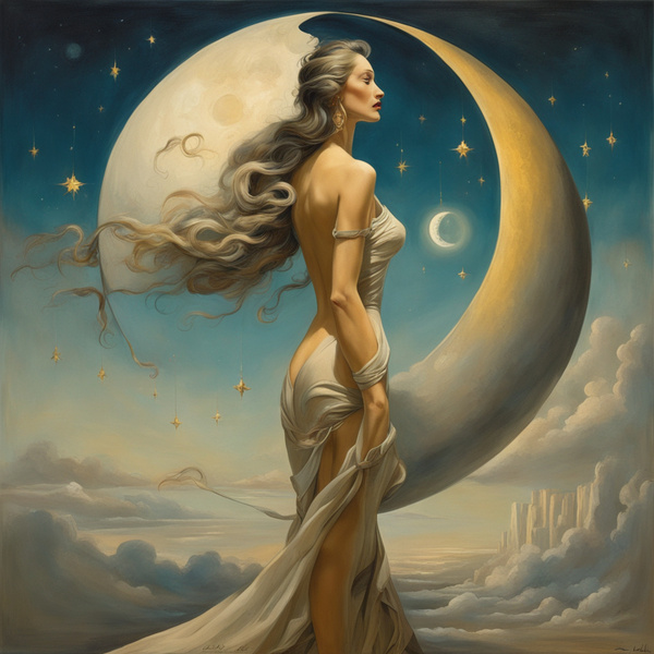 She is as beautiful as the moon.     She is as bright as the sun.     She is as majestic as the stars traveling across the sky Dali style by AIGALLERY