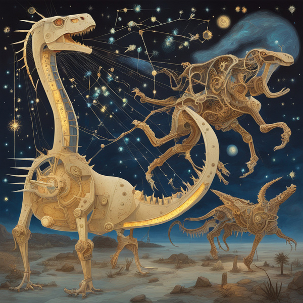 MECHANICAL CREATURES CRAFTING LUMINOUS CONSTELLATIONS IN THE NIGHT SKY WITH ROMANS FIGHTING DINOSAURUS Dali style by AIGALLERY