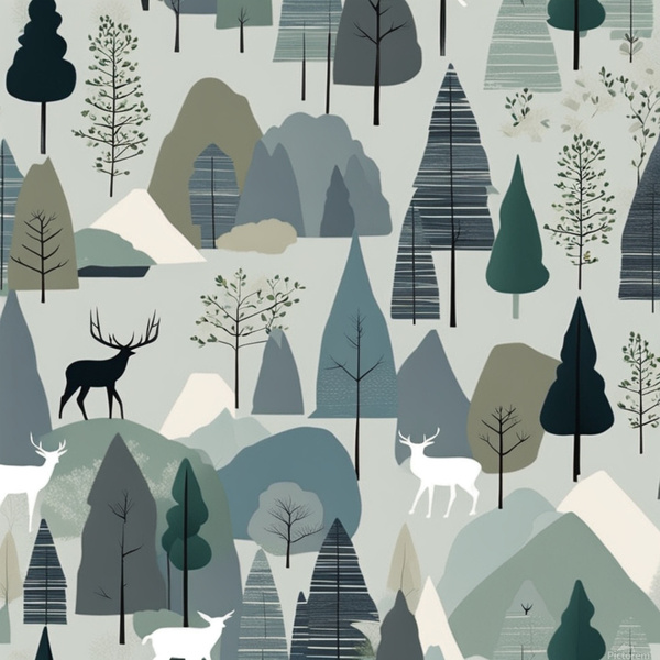 Design Scandinavian-inspired wall art with simple minimalist patterns of trees mountains and wildlife. Use a muted color scheme with soft blues grays and greens for a calm nature-centered look. by AIGALLERY