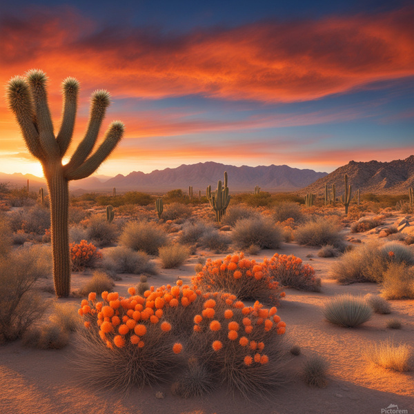desert valley view adobe farm dunes Joshua trees vivid blooming cacti rocky outcrops blazing orange sky sunset beautiful extremely detailed HD by AIGALLERY