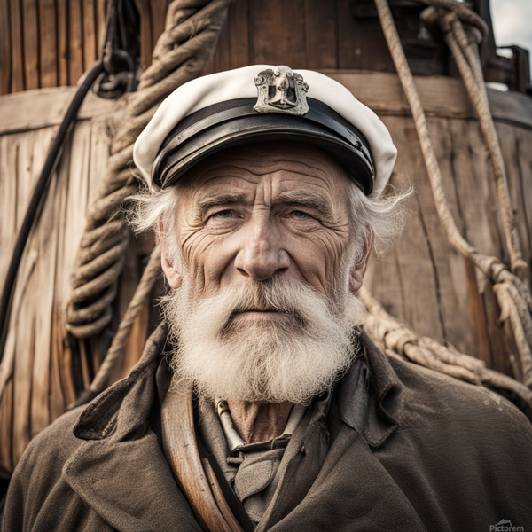 Old sailing ship captain face weathered with old wooden sailing ship in background  Print