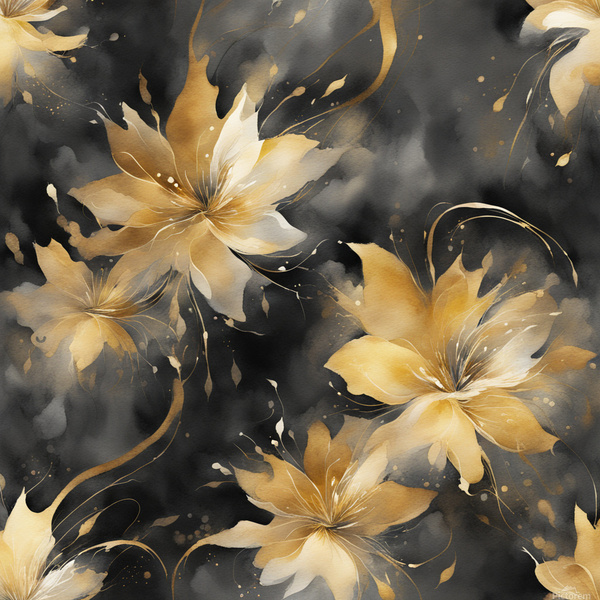 A swirling abstract floral composition painted in vibrant watercolor tones of gold and deep charcoal. The flower-like form bursts with movement featuring delicate tendrils and splashes of shimmering pigment. Points of light flicker throughout the dark bac Print