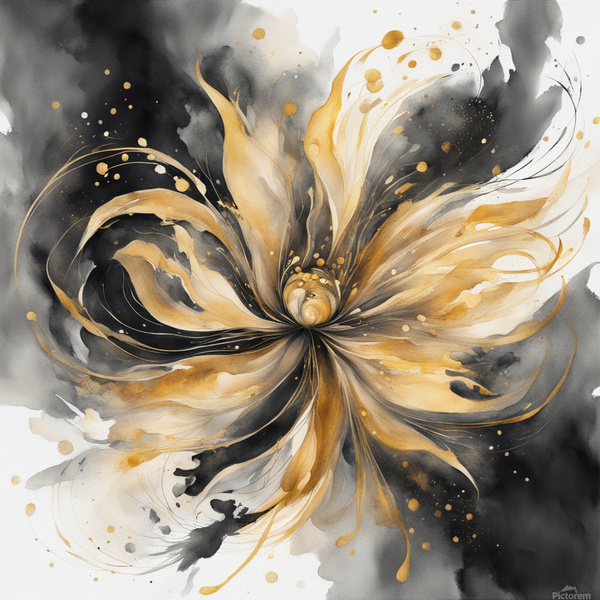 A swirling abstract floral composition painted in vibrant watercolor tones of gold and deep charcoal. The flower-like form bursts with movement featuring delicate tendrils and splashes of shimmering pigment. Points of light flicker throughout the dark bac Print