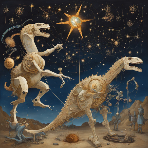 MECHANICAL CREATURES CRAFTING LUMINOUS CONSTELLATIONS IN THE NIGHT SKY WITH ROMANS FIGHTING DINOSAURUS Dali style by AIGALLERY