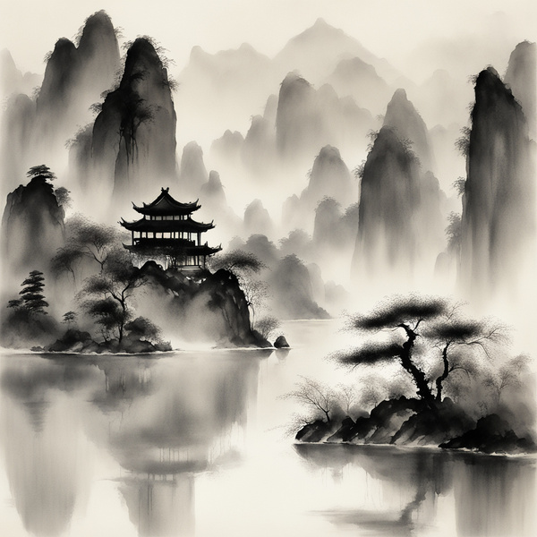 Chinese mountains shrouded in mist traditional ink wash landscape painting distant peaks fading into soft white fog foreground with sharp cliffs and a serene lake reflecting the subtle gradations of grey willow trees gently arching over the waters edge a  by AIGALLERY