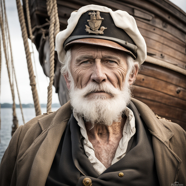 Old sailing ship captain face weathered with old wooden sailing ship in background  Print