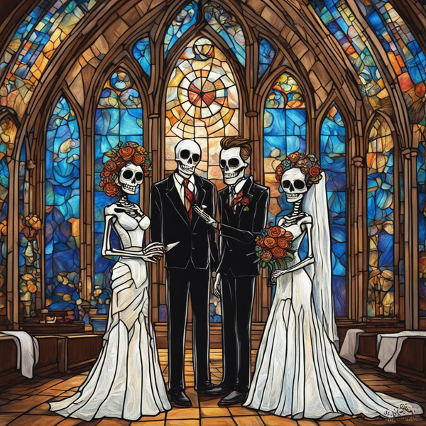 Draw me a bride and a groom sugar skull couple getting married by a sugar skull skeleton preacher in a beautiufl church with sugar skull stained glass Van Gogh style by AIGALLERY