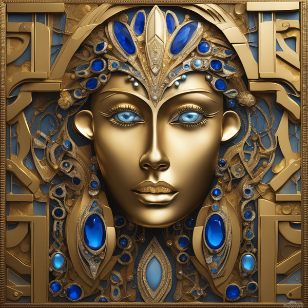 Golden face artwork luxurious ornamental portrait mystical and celestial art intricate gold and gemstone patterns enigmatic blue eyes in gold art opulent and regal wall art artistic design with jewels and gold elegant modern mystic décor unique luxury wal by AIGALLERY
